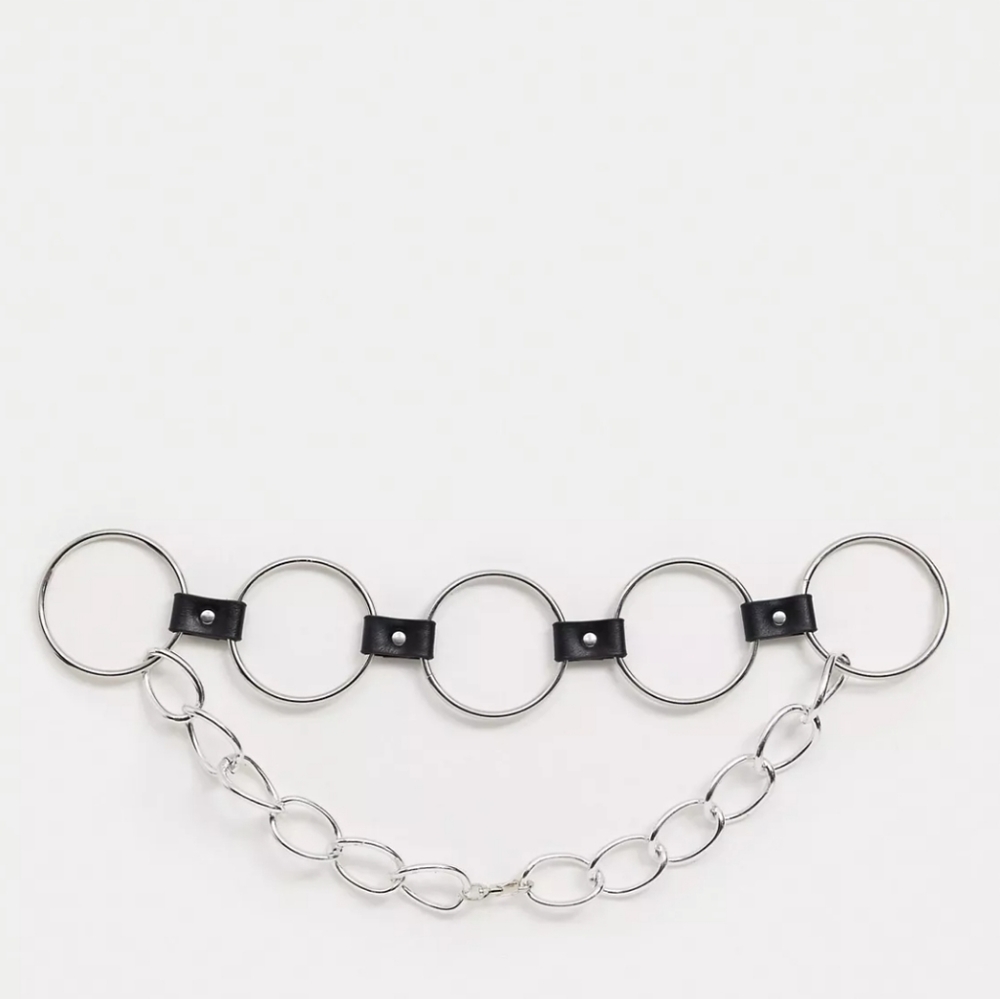 ASOS DESIGN oversized multi ring waist and hip belt in silver